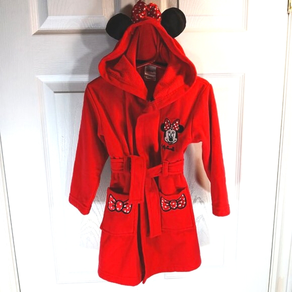 Disney Minnie Mouse NWOT Girl's Red Hooded Fleece Robe Bathrobe Size 3T - Picture 8 of 16